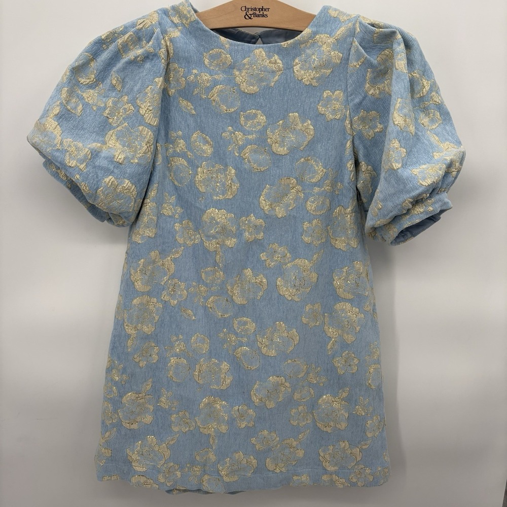 Umgee Rose Jacquard Puff Sleeve Sheath Mini Dress Textured Size Small Baby Blue